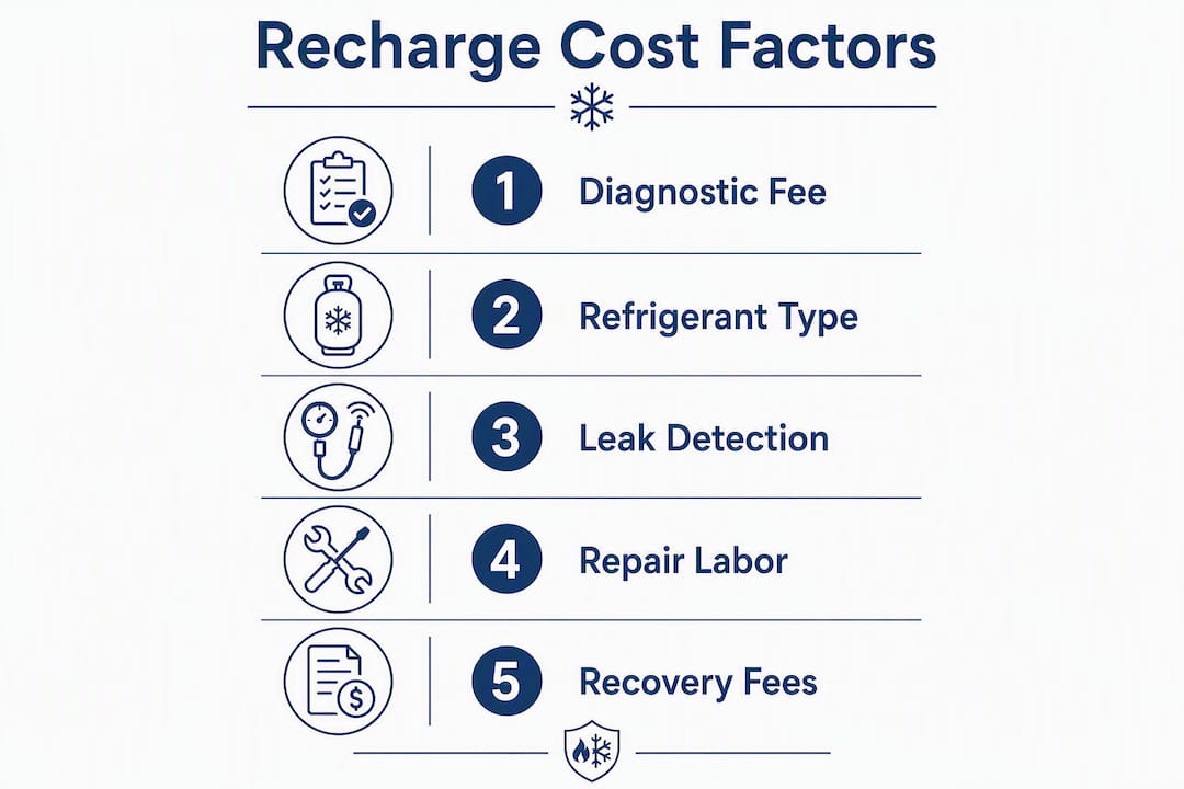 Vertical flow infographic showing AC recharge cost factors