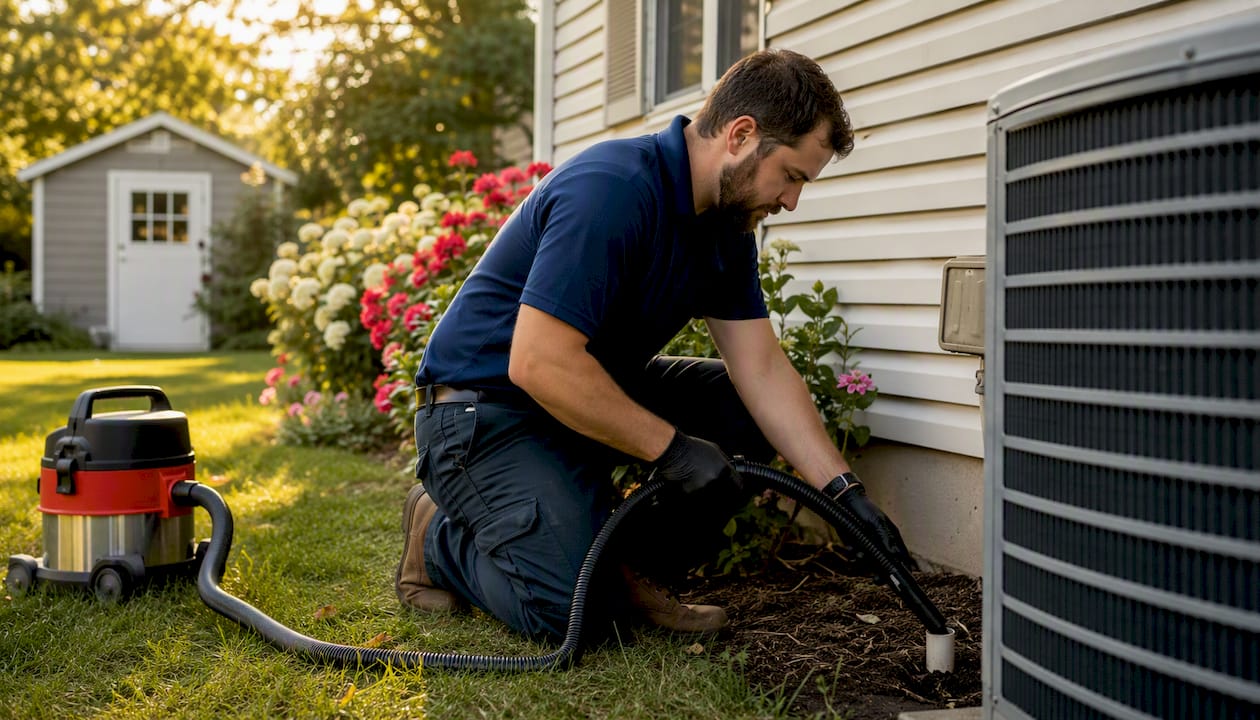 Hands clearing clogged air conditioner drain line outdoors