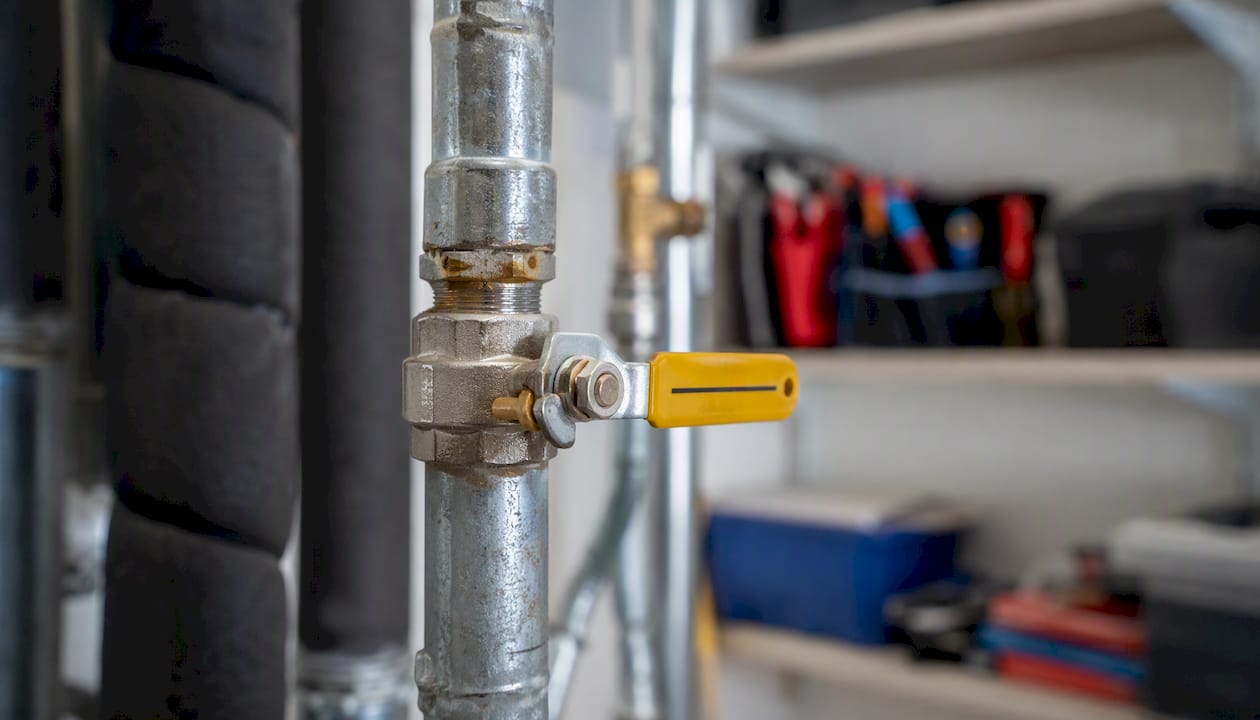 Gas shutoff valve handle perpendicular to pipe