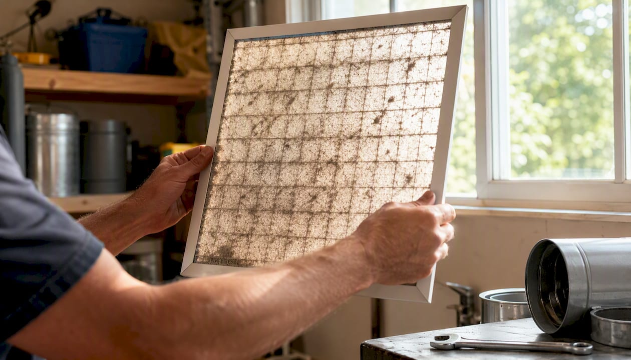 Hands holding clogged furnace air filter to light