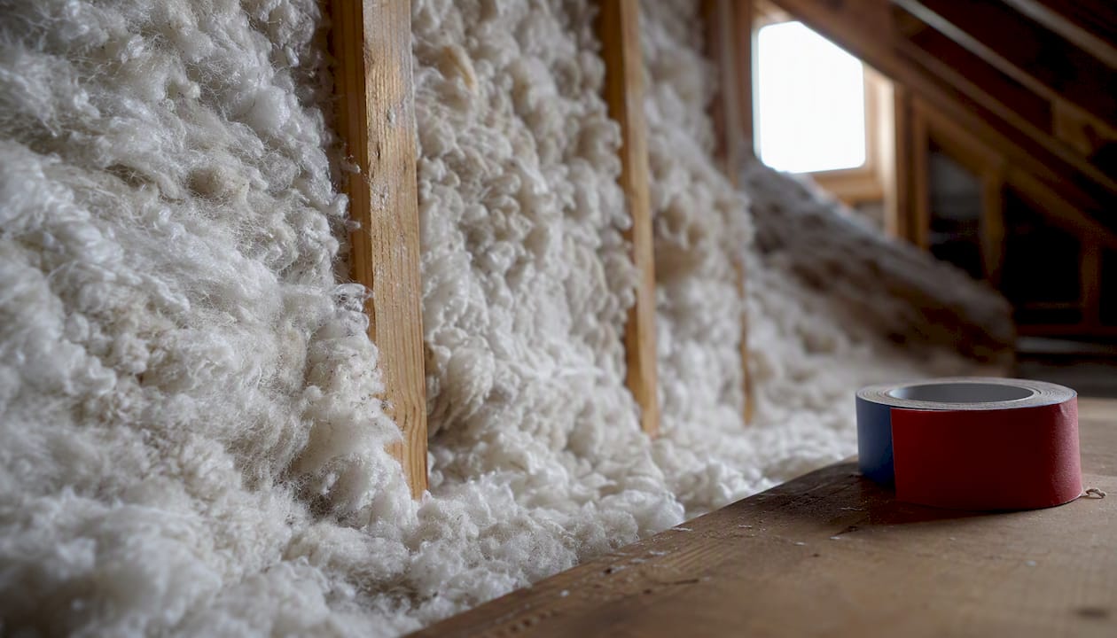 Close-up of thick attic insulation in attic