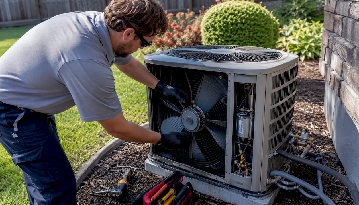 Technician manually spinning AC outdoor fan