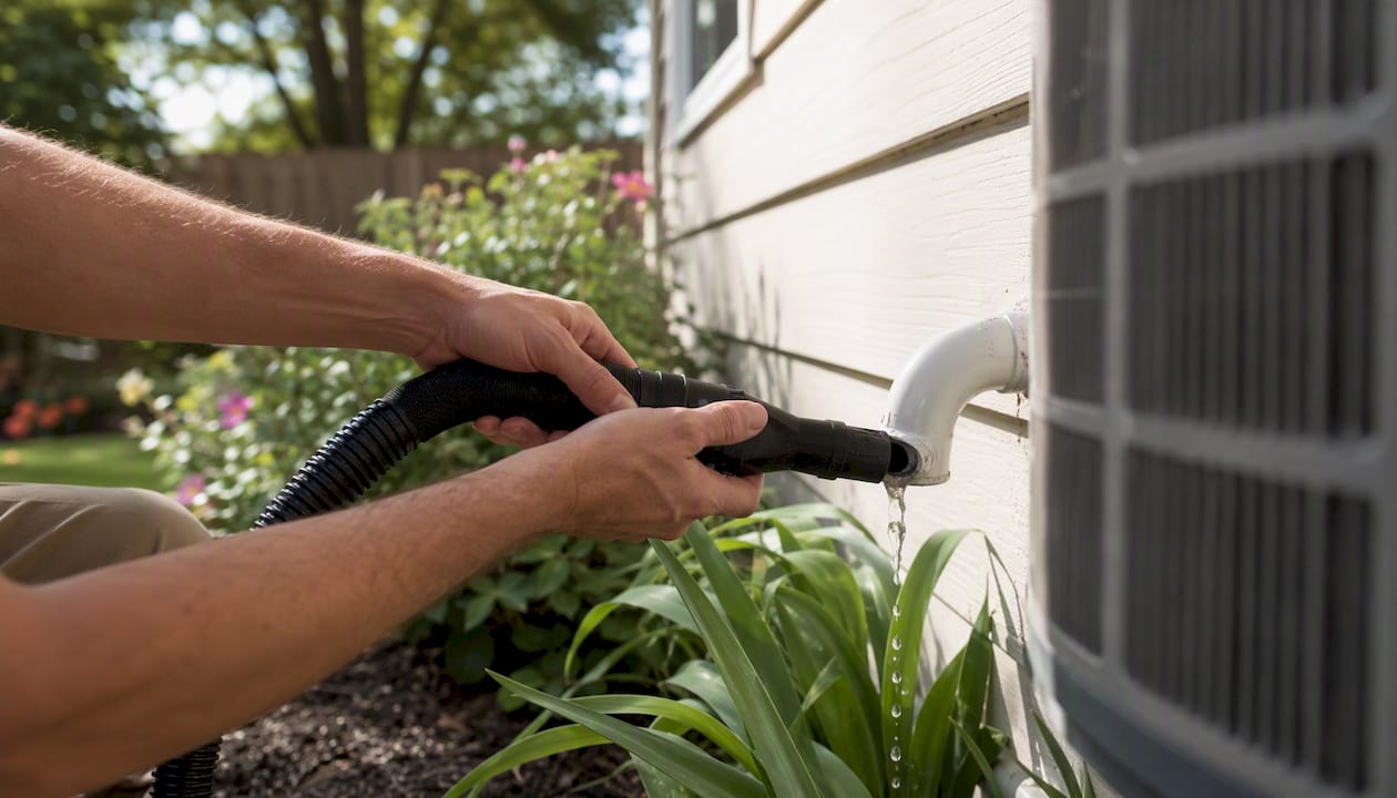Hands vacuuming AC condensate drain line outdoors
