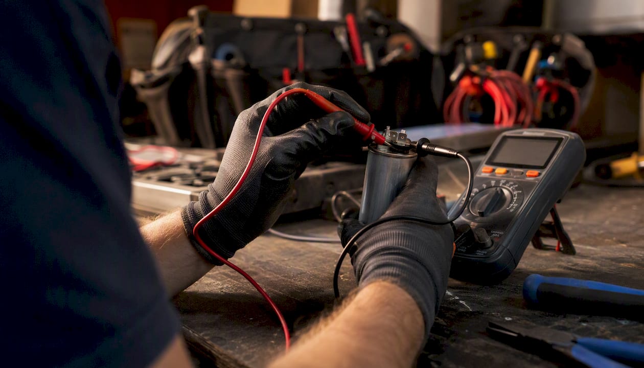 Hands testing HVAC capacitor outdoors