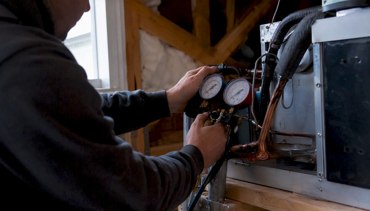 Technician checking AC refrigerant gauges during installation
