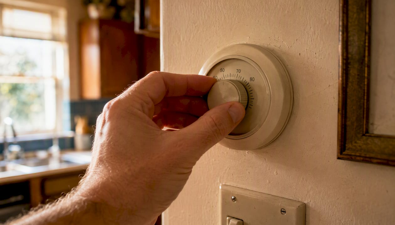 Hand adjusting home thermostat dial for energy saving