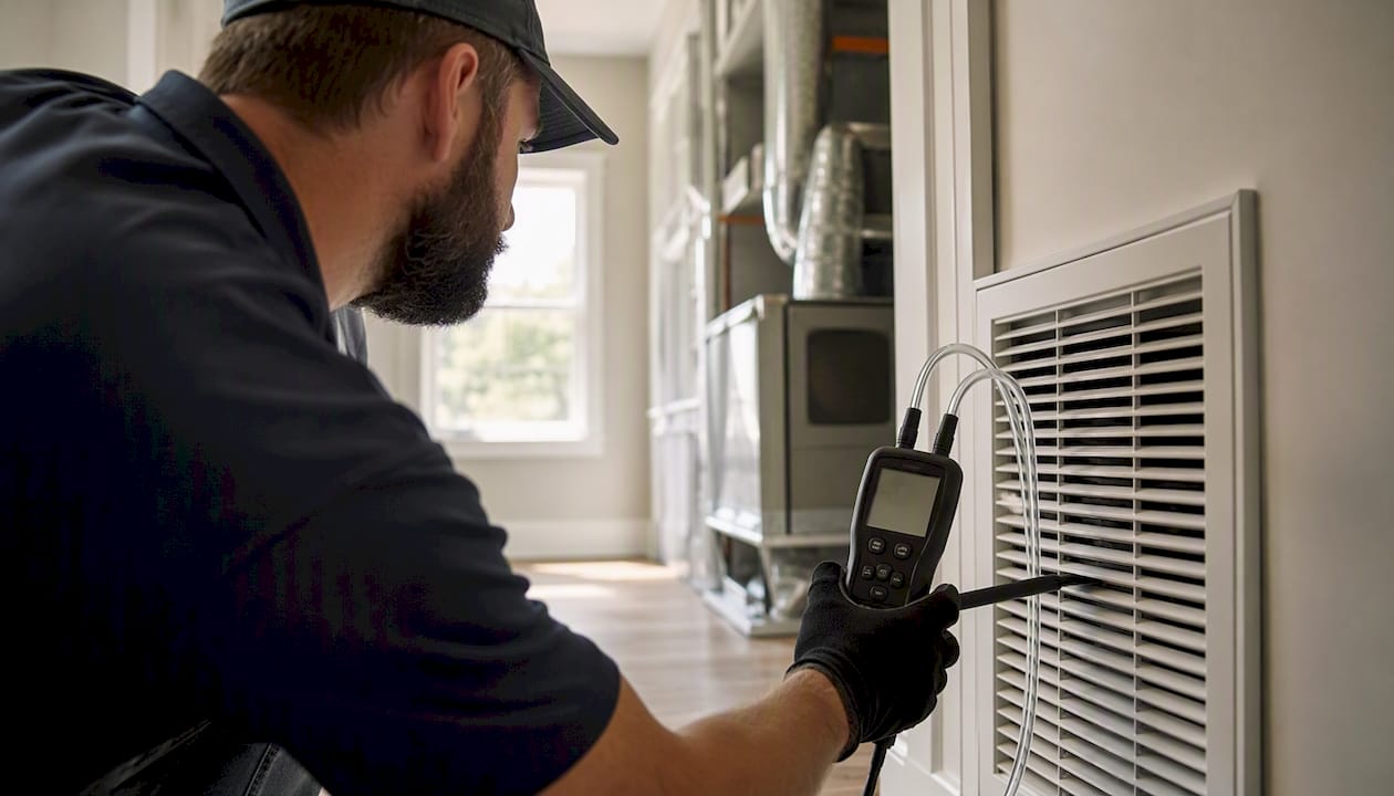 Technician measuring airflow at home return vent
