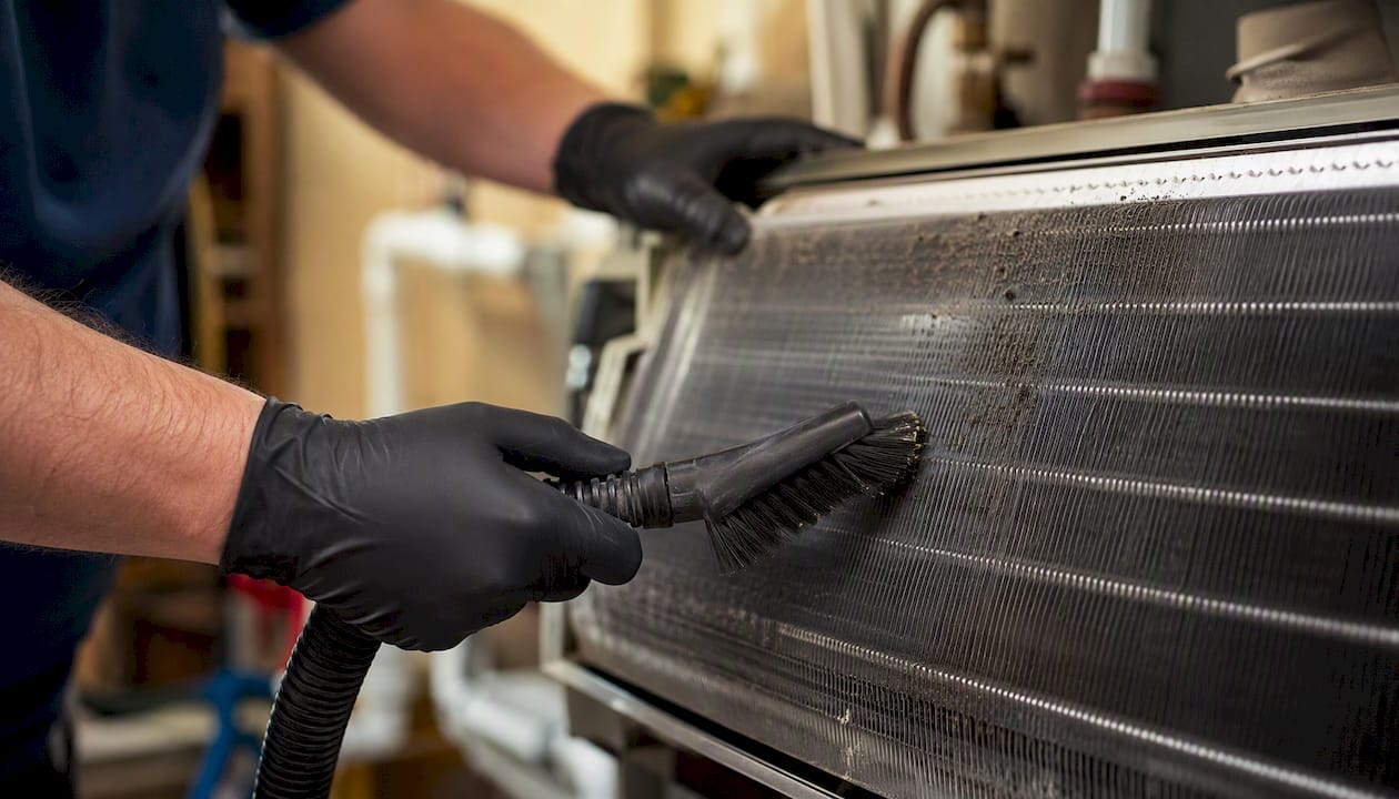 Hands cleaning dirty AC coil fins inside air handler