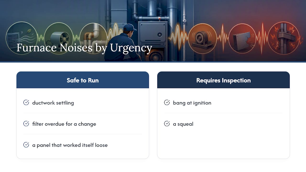 Diagram categorizing furnace noises by cause and urgency