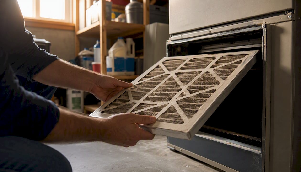 Hands removing dusty furnace air filter