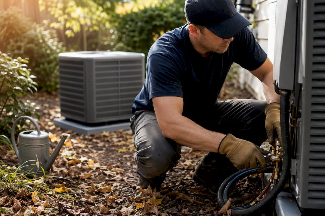 Technician replacing outdoor HVAC condenser unit