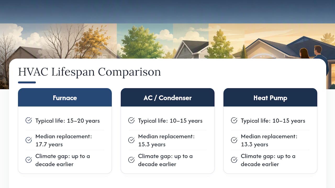 Diagram comparing HVAC system lifespans by type and climate