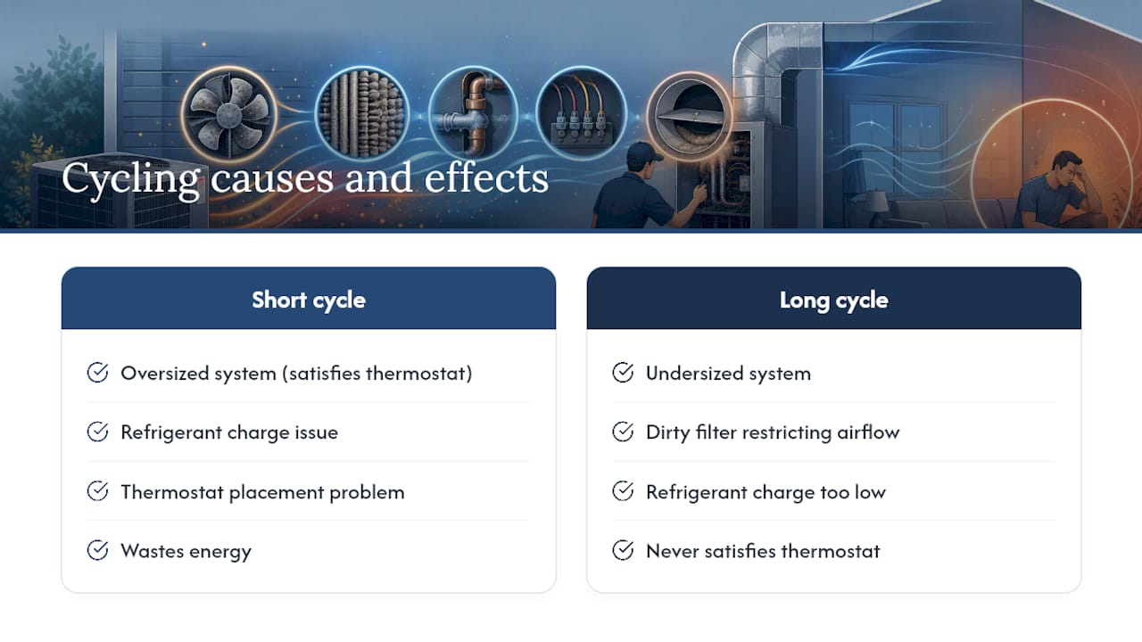 Diagram illustrating HVAC short and long cycling causes