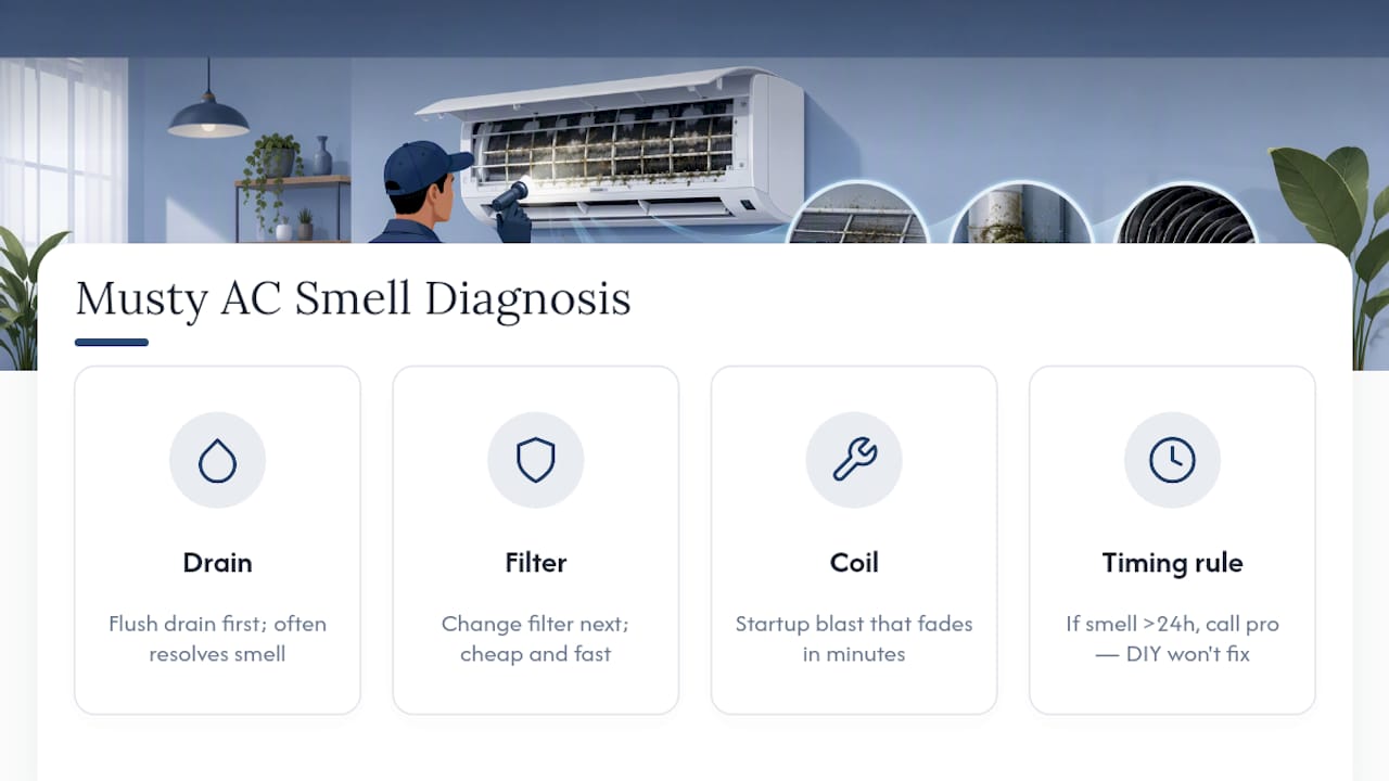 Diagram showing musty AC smell causes and timelines