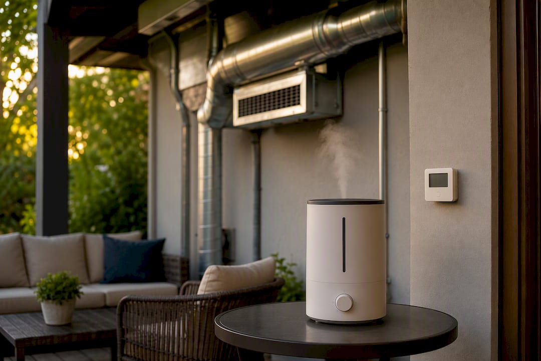 Portable humidifier with home HVAC duct vent in background
