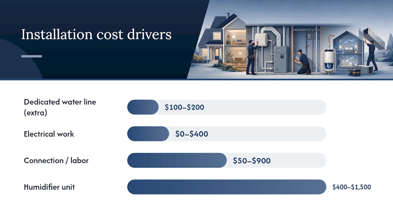 Diagram showing installation cost factors affecting humidifier price
