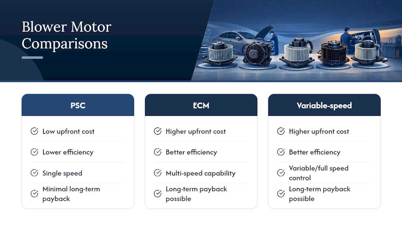 Comparison diagram of PSC, ECM, and variable-speed blower motors