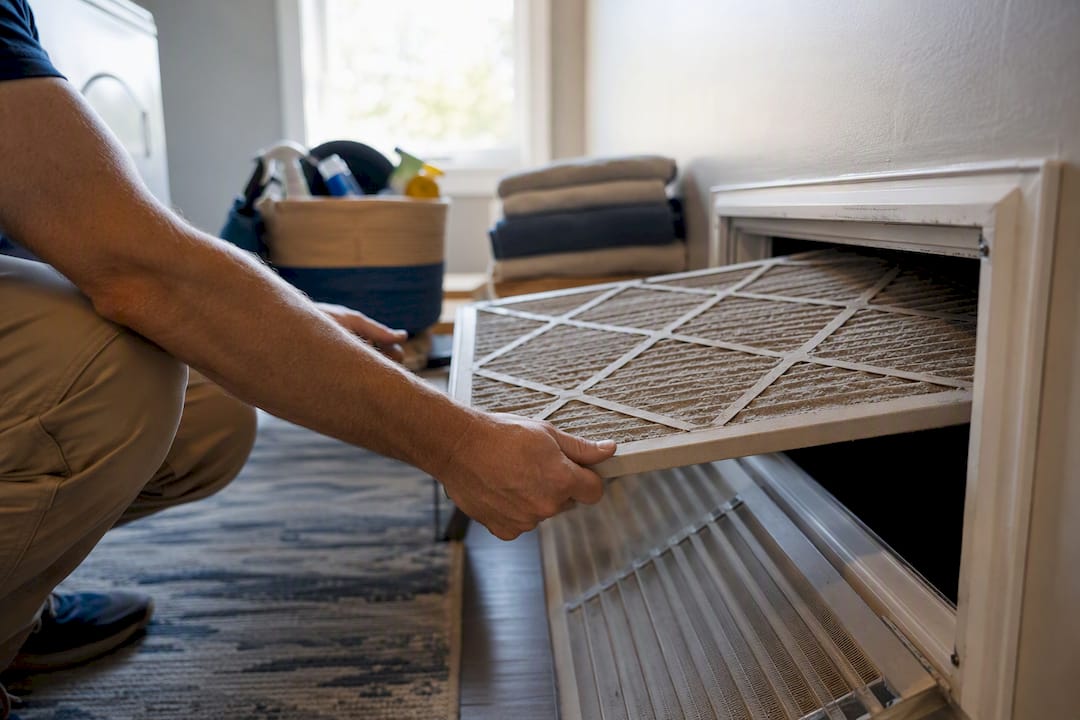 Hands removing dirty HVAC air filter