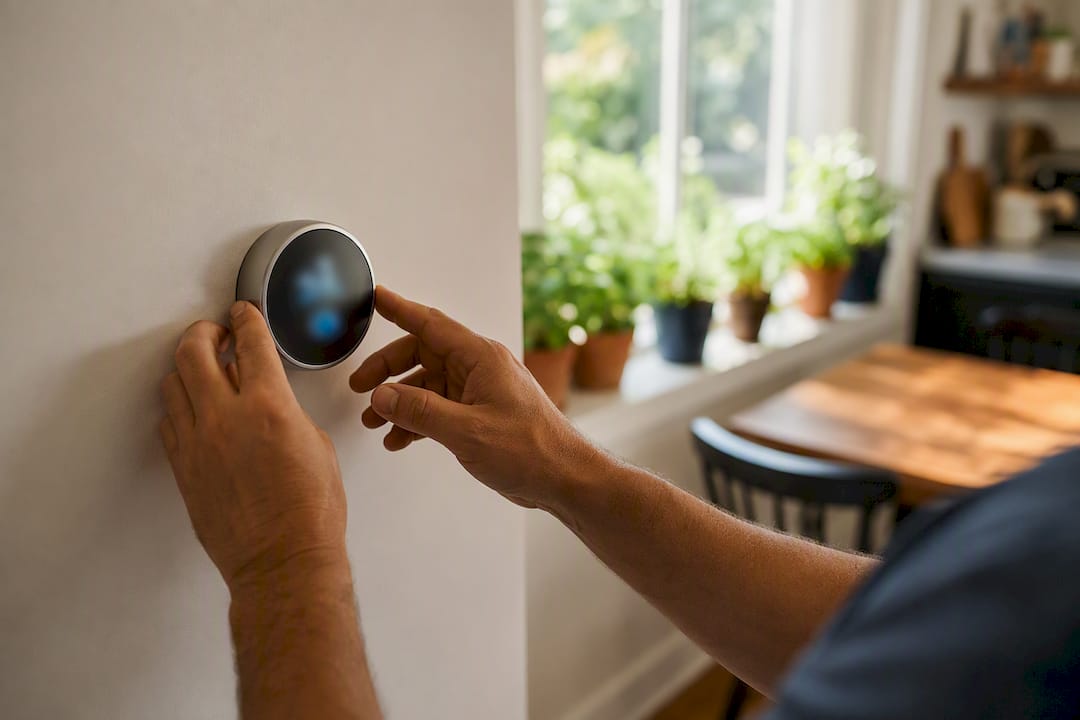 Hands adjusting home thermostat settings