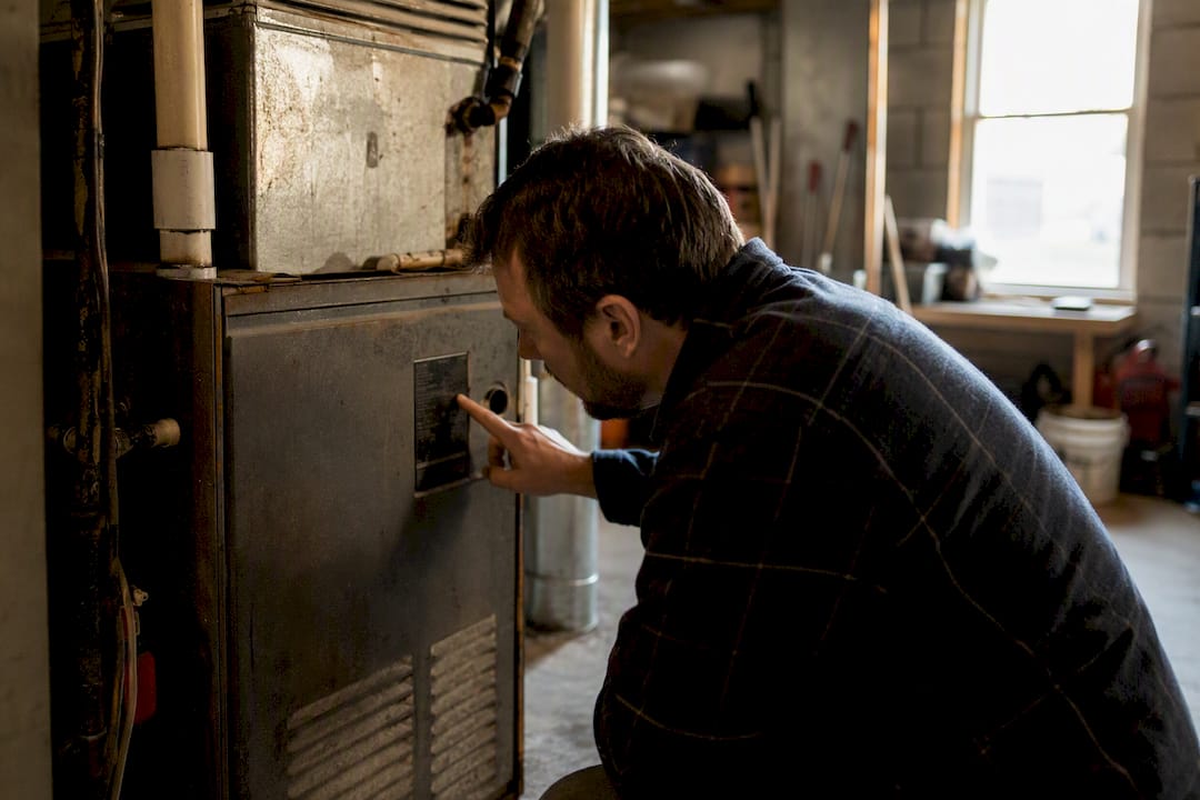 Hand pointing at furnace serial number