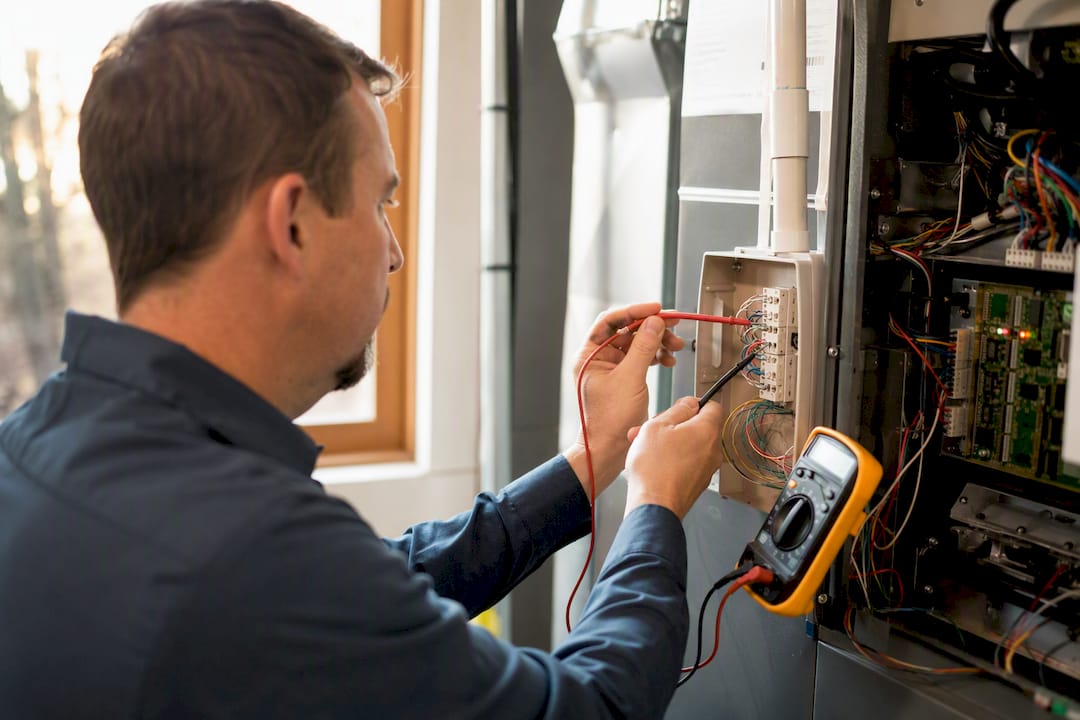 Hands testing thermostat wiring with multimeter