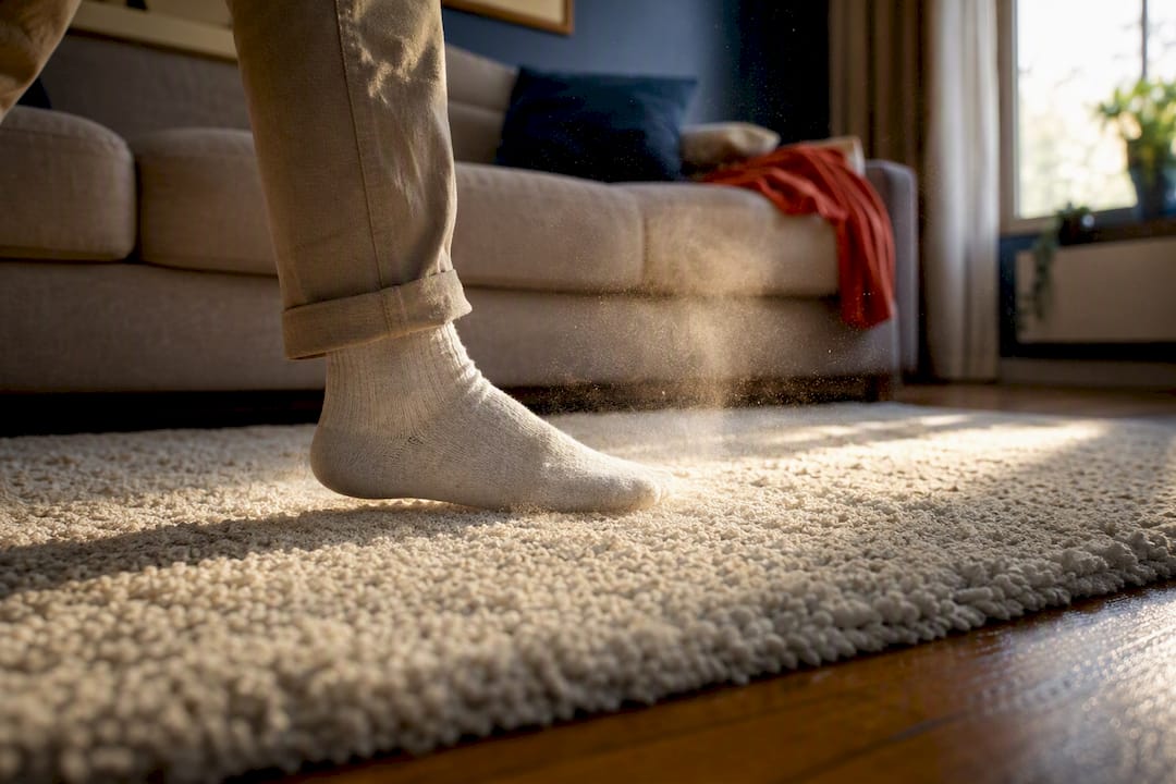 Homeowner stepping across a rug