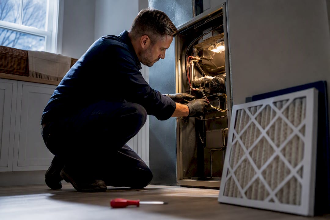 Technician inspecting an aging furnace cabinet