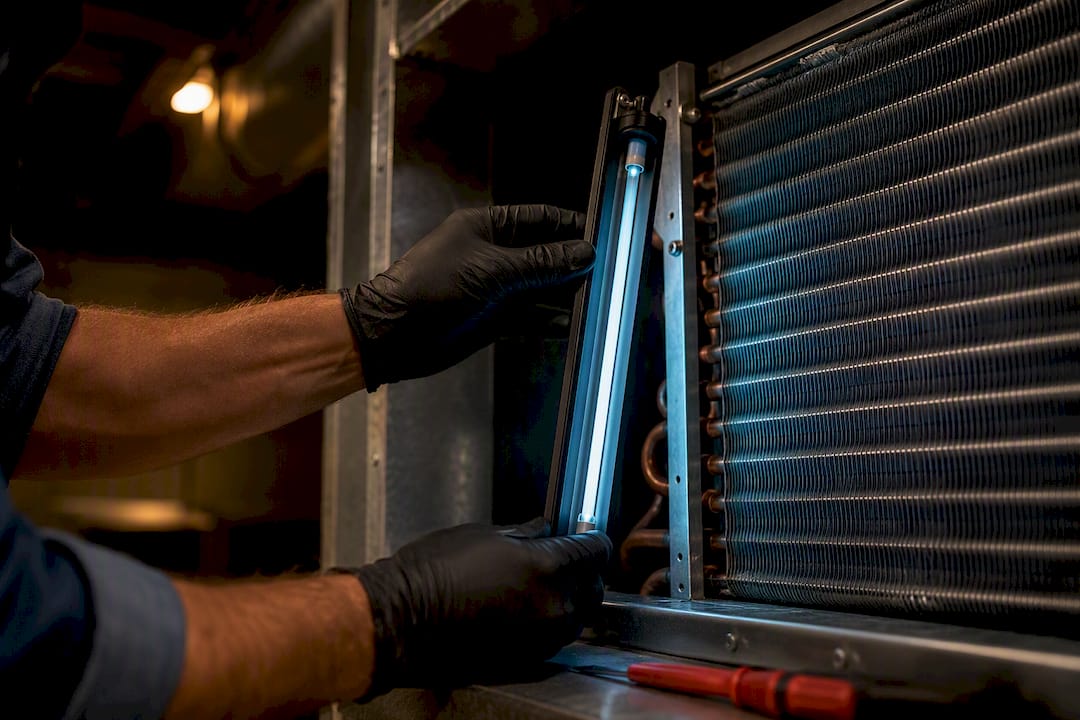 UV lamp positioned beside HVAC coil