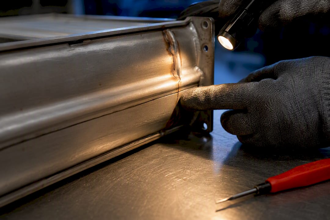 Technician inspecting cracked heat exchanger seam