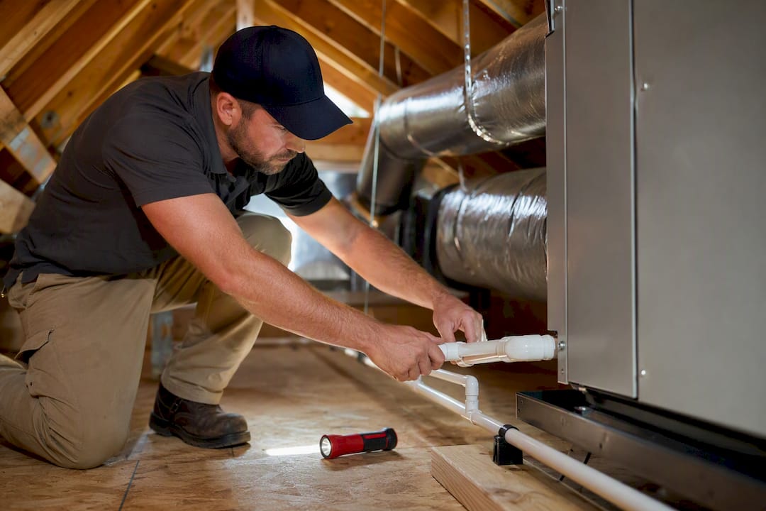 Technician routing dehumidifier condensate drain
