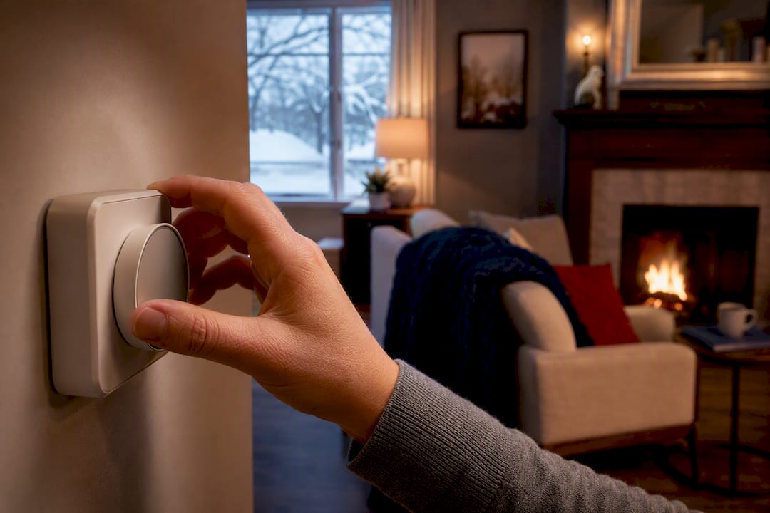 Homeowner adjusting thermostat during winter