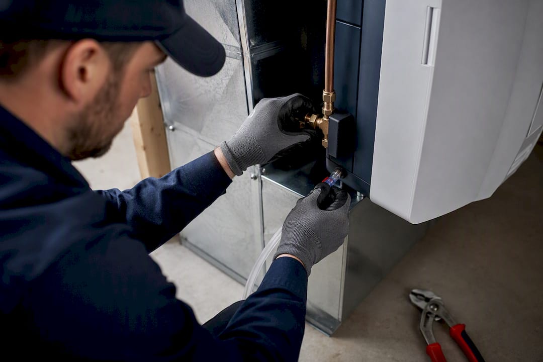 Technician connecting whole-home humidifier tubing