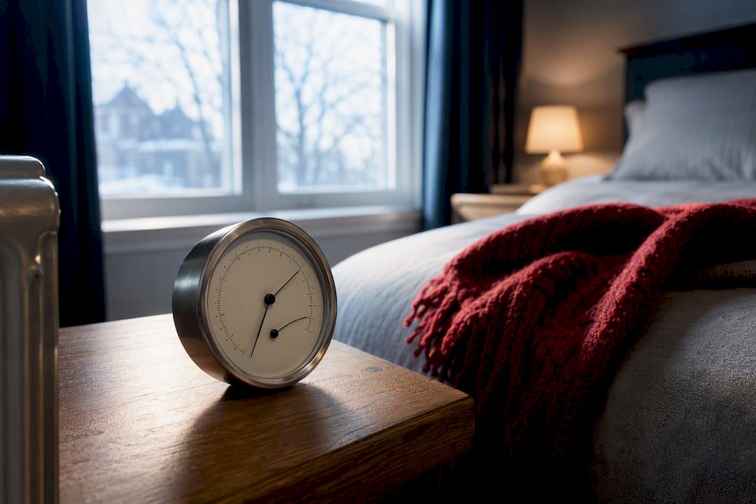 Hygrometer beside winter wood trim