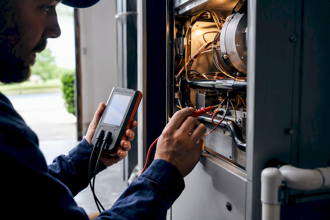 Technician testing furnace readings during tune-up