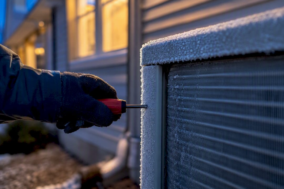 Technician checking a frosted heat pump