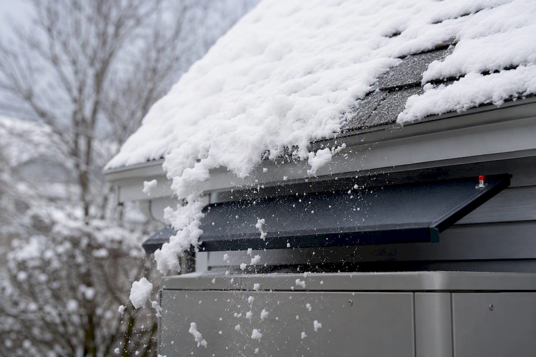 Awning protecting heat pump from roof snow