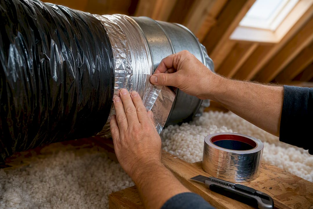 Hands sealing a duct joint with foil tape