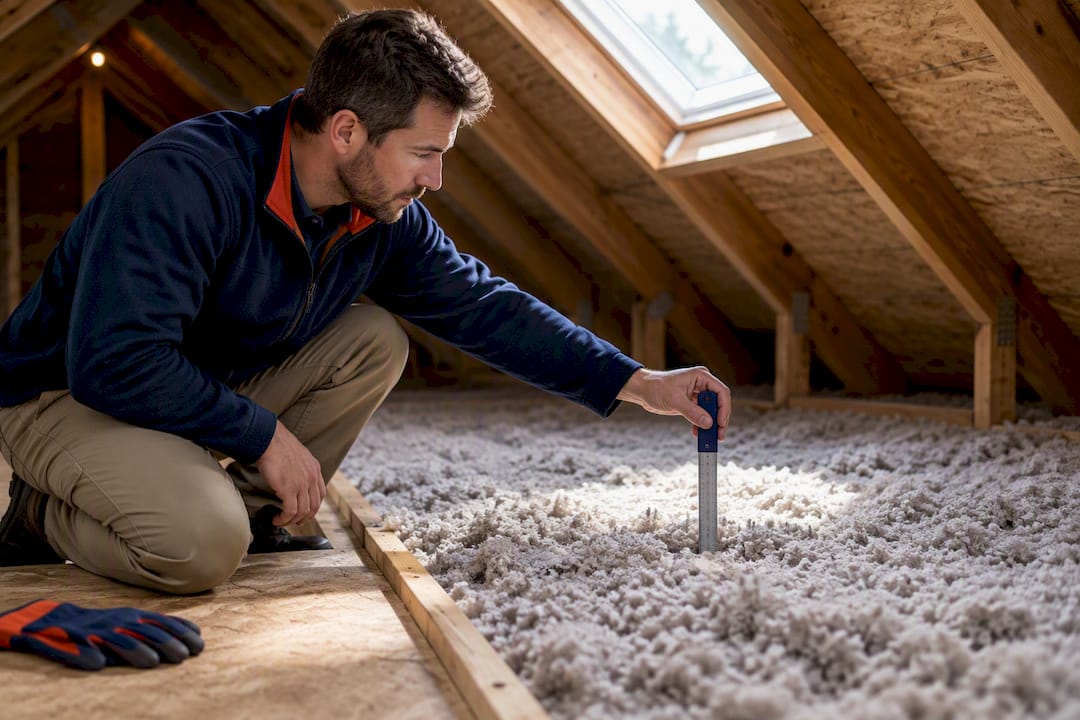 Technician checking attic insulation depth