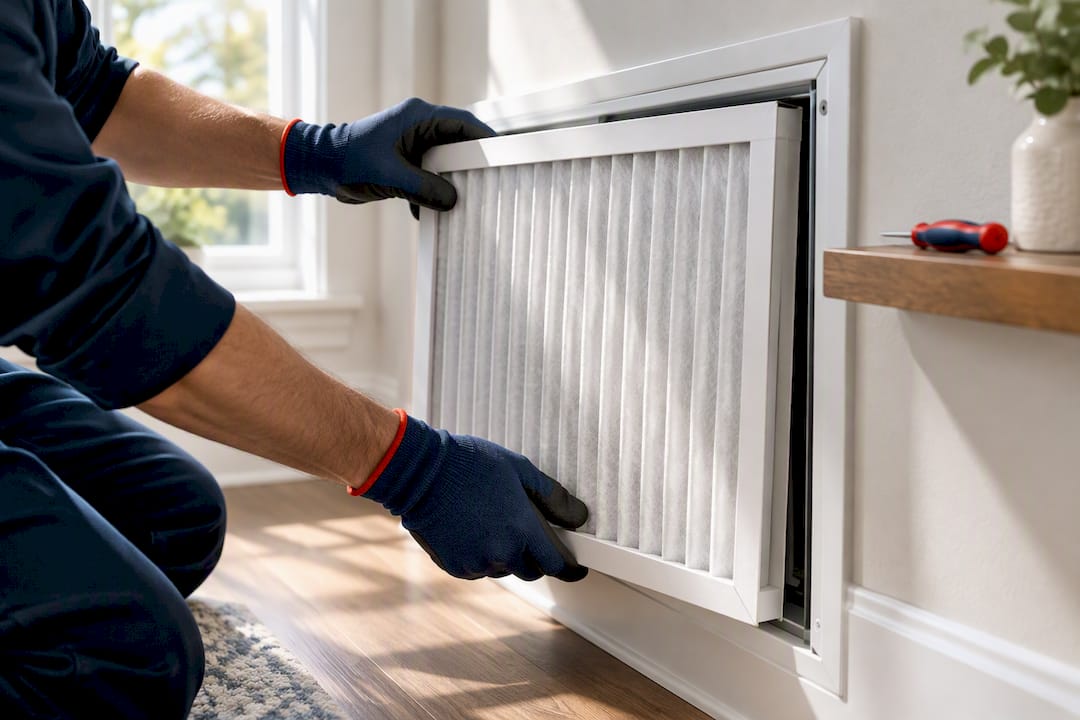 Technician replacing residential air filter