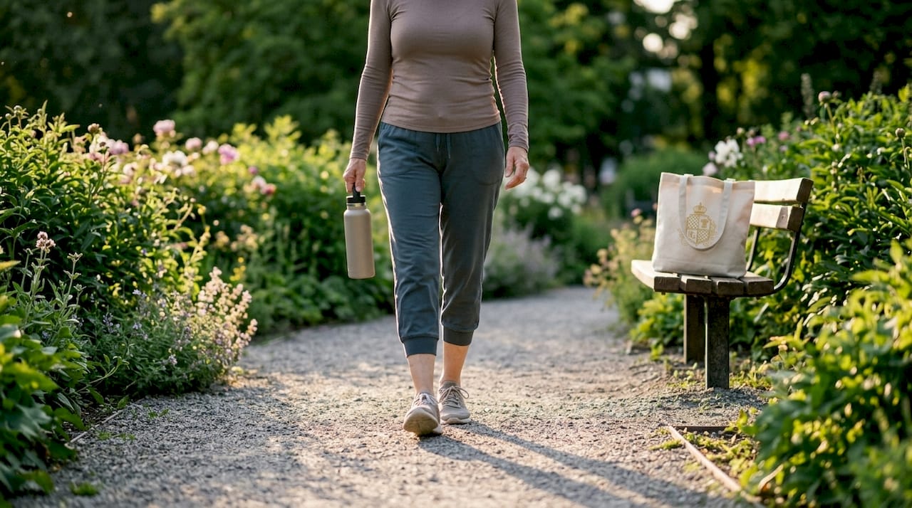 Senior woman walking outdoors after meals for bloating relief