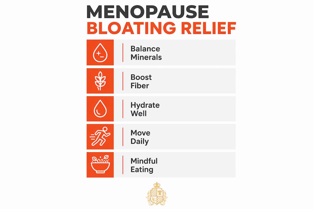 Infographic outlining 5 key menopause bloating relief steps