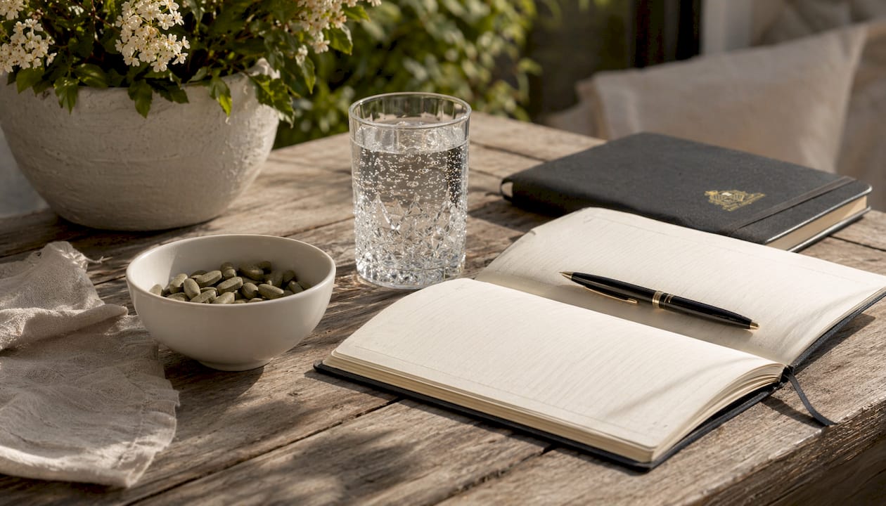 Morning sage supplement tablets and planner overhead view