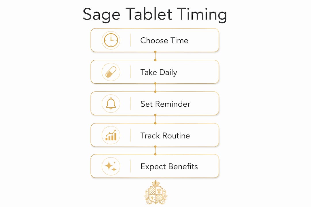 Infographic illustrating daily timing steps for sage tablets