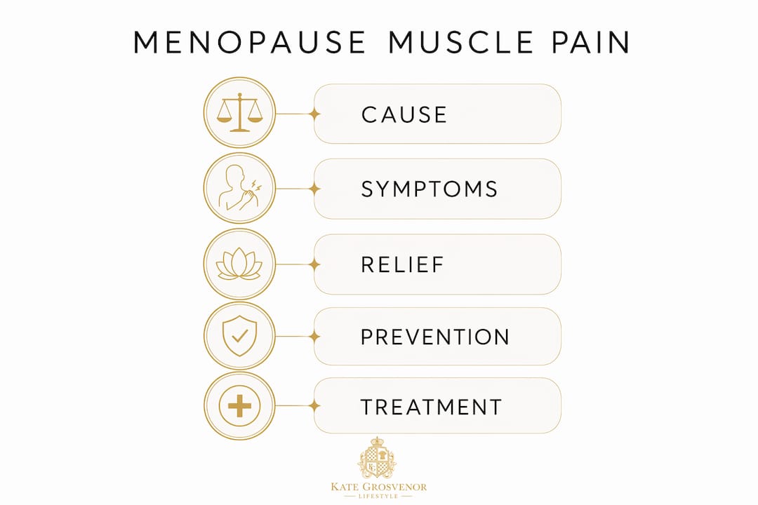 Infographic outlining menopause muscle pain causes, symptoms, and relief