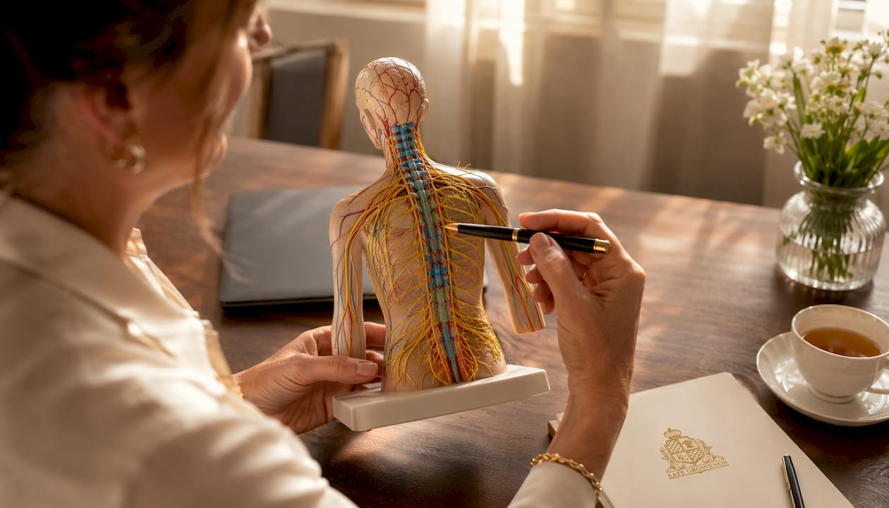 Hands showing nerve model in clinic
