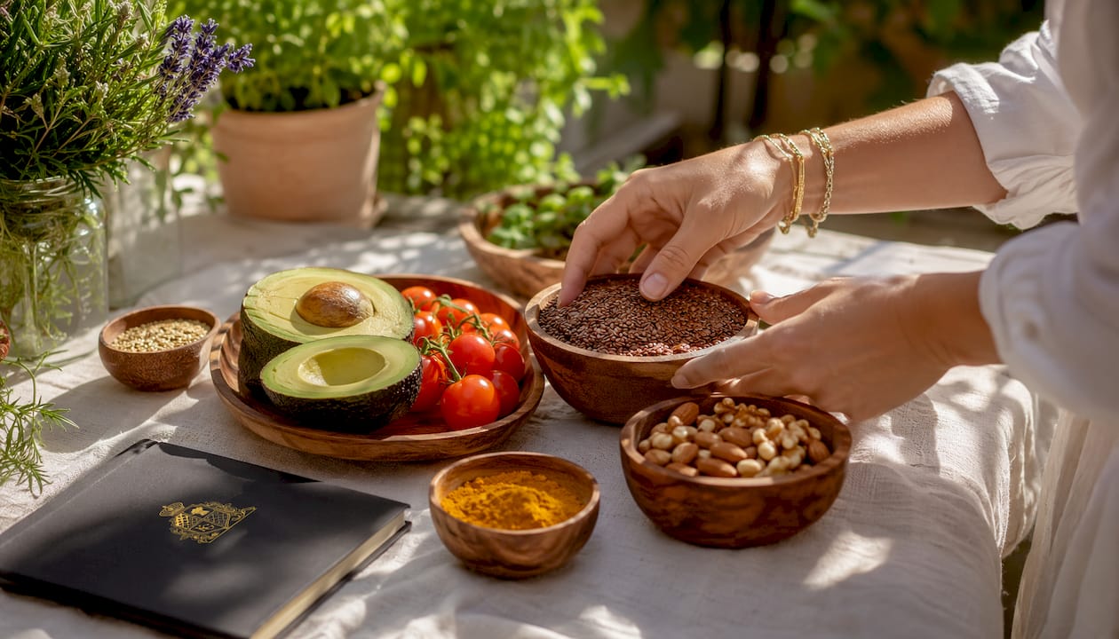Overhead shot of anti-inflammatory foods on table