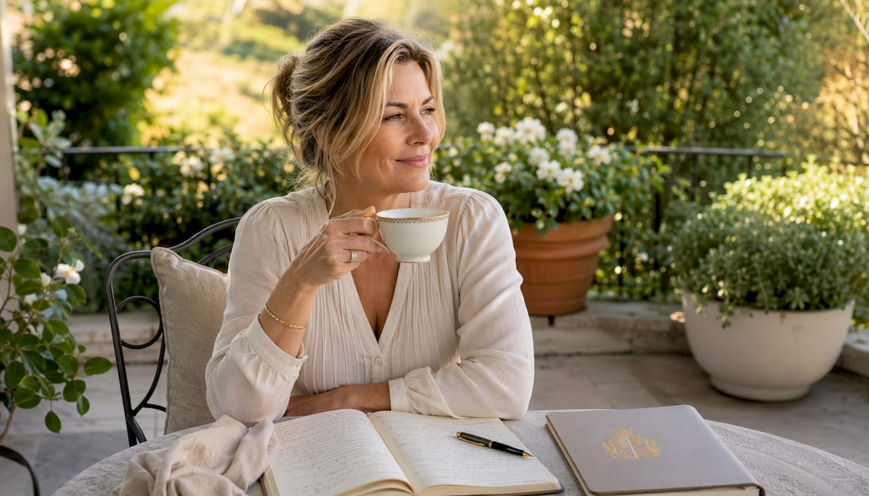 Woman quietly enjoying collagen coffee outdoors
