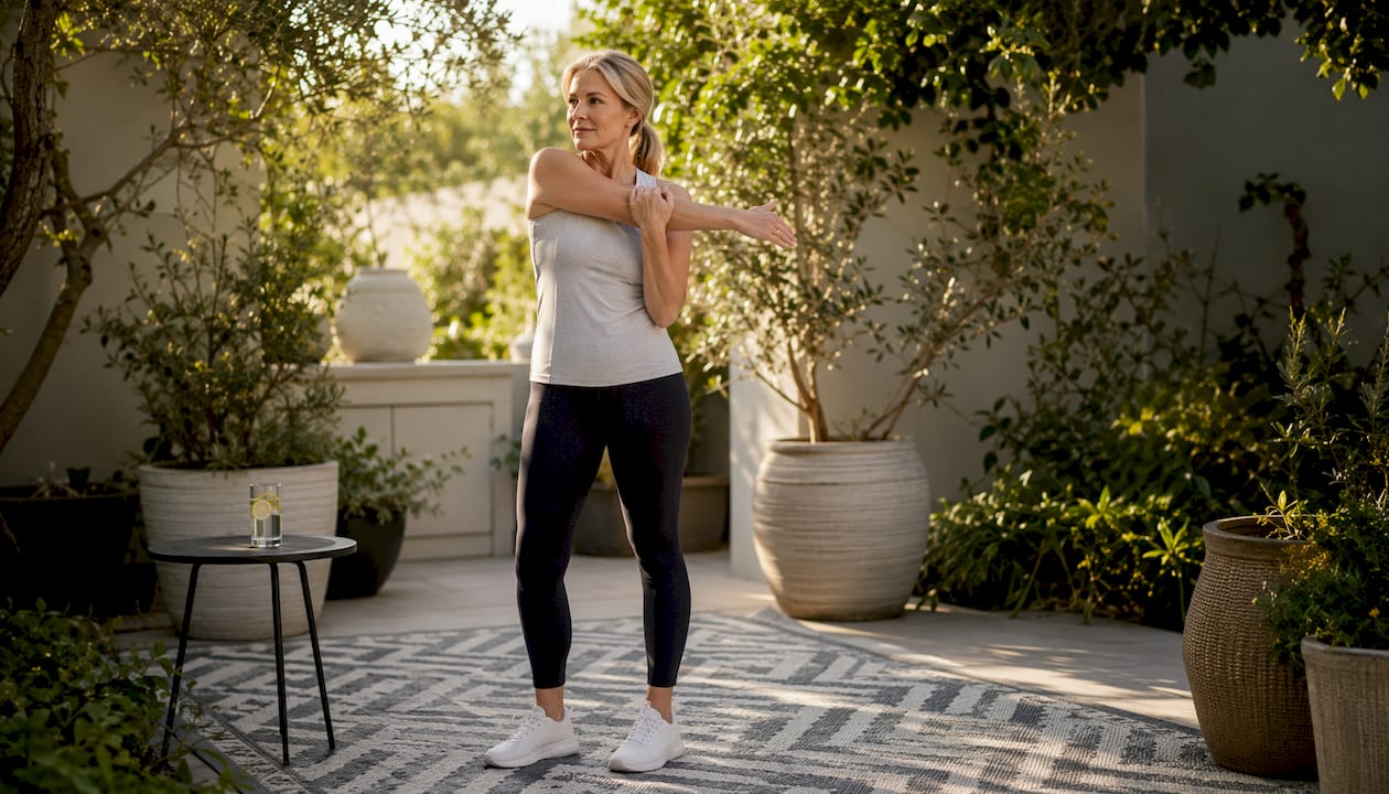 Woman doing gentle shoulder exercise indoors