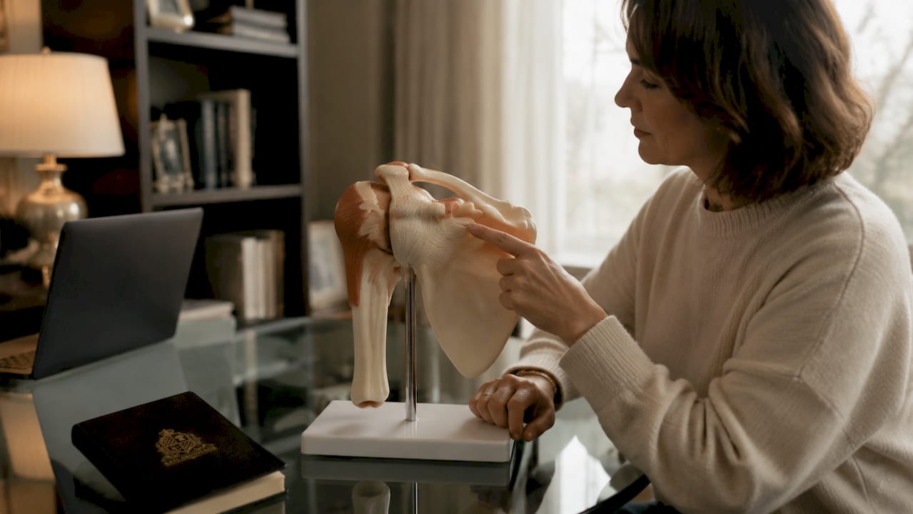 Hands indicating shoulder anatomy model