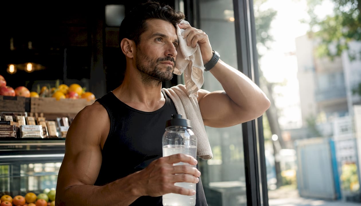 Fitness trainer hydrating with creatine supplement